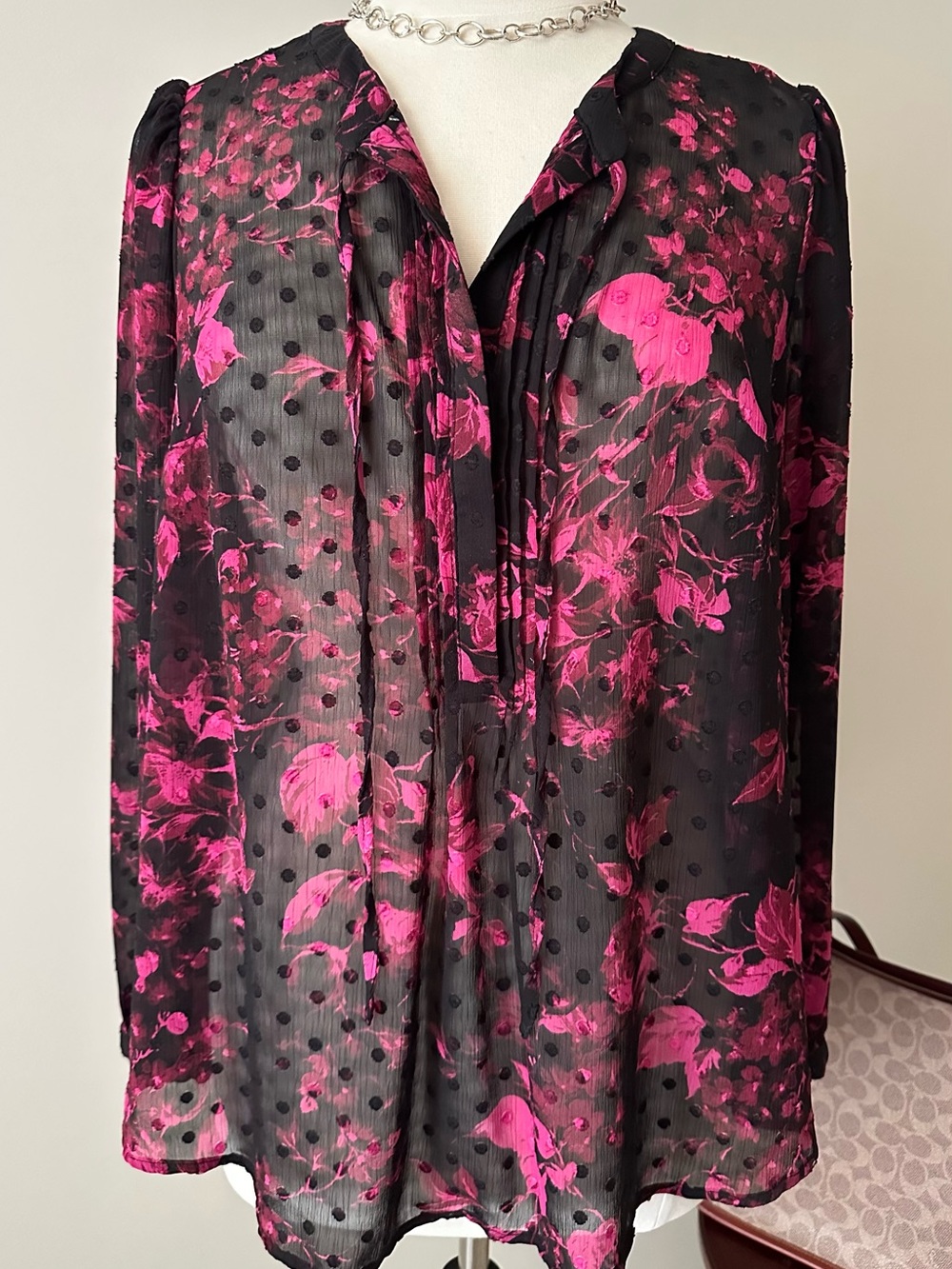 torrid Black Sheer Blouse with Fuchsia Floral Print
